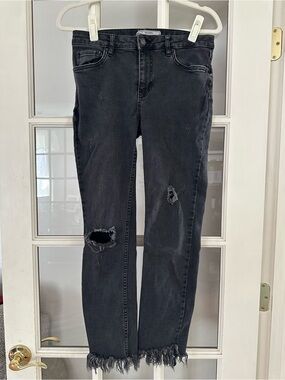 Free People Distressed Black Fringe Hem Skinny Jeans